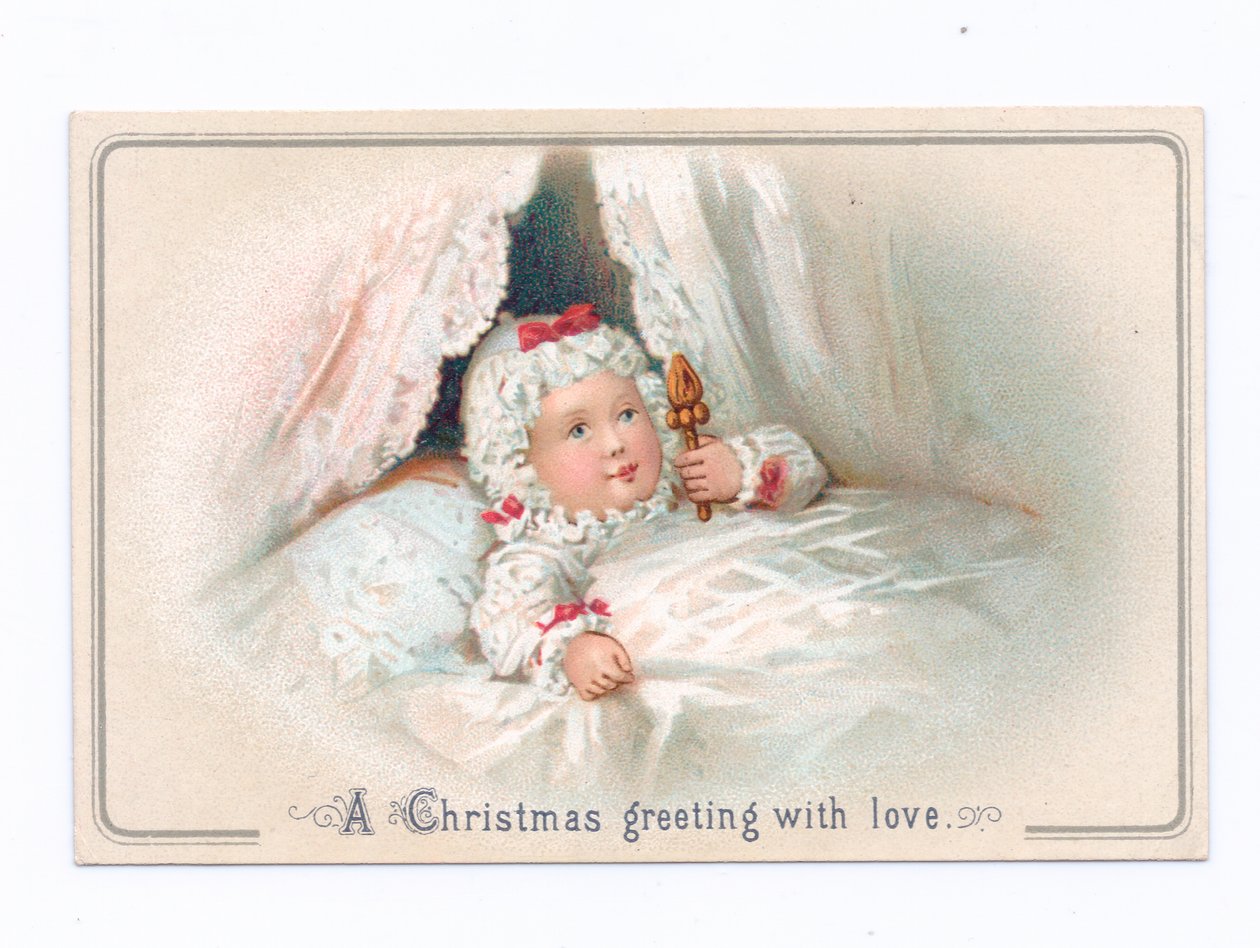 Yatakta elinde çıngırak tutan bir çocuğun Viktorya dönemine ait bir Noel kartı, 1880 dolayları (renkli taş) by English School