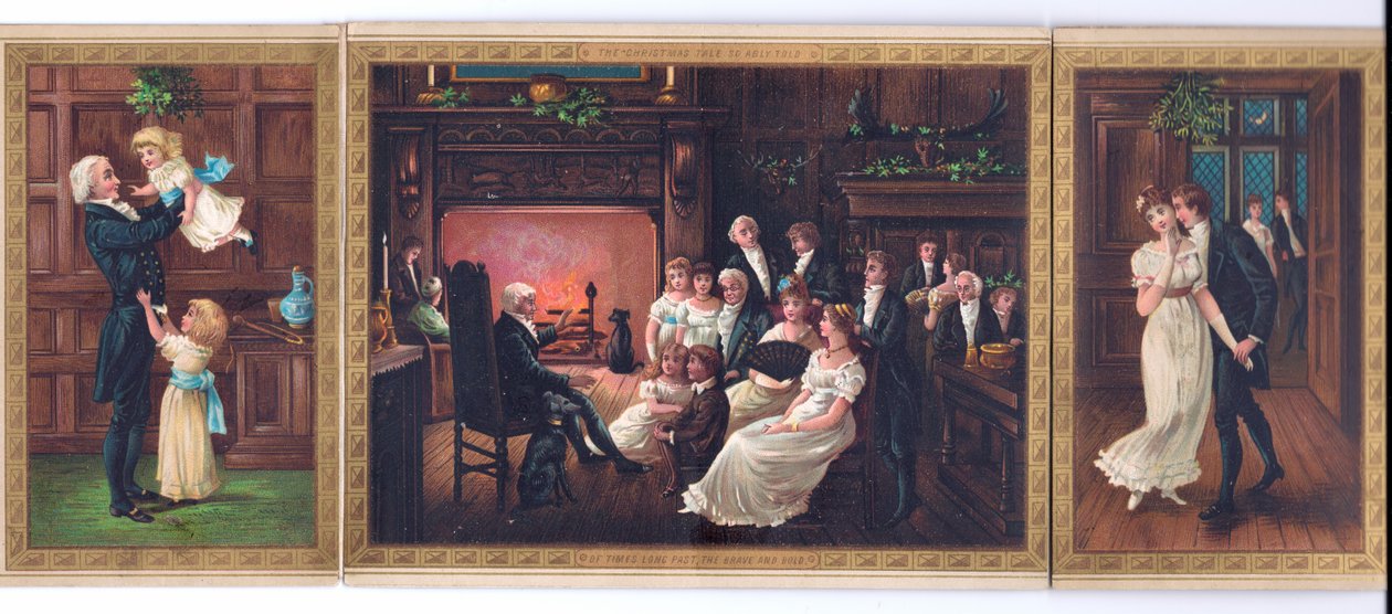 Bir baba ve çocukları, bir aile grubuna hikaye anlatan bir baba ve ökse otu altında bir bayanı öpmeye çalışan bir beyefendinin Viktorya dönemine ait bir Noel kartı, 1880 dolayları by English School