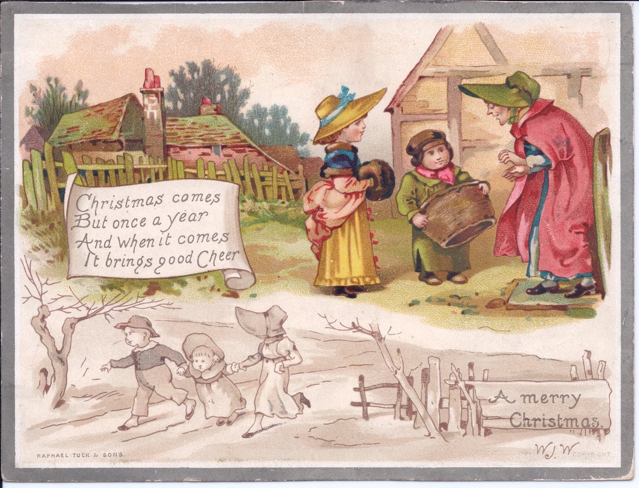 Çiftlikte iki çocuğu olan yaşlı bir kadının Viktorya dönemine ait Noel kartı, 1880 dolayları (renkli taş) by English School