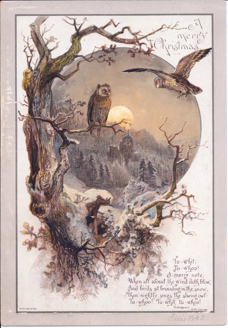 Ay ışığının aydınlattığı bir gecede bir dala tünemiş bir baykuşun Viktorya dönemine ait Noel kartı, 1880 dolayları (renkli taş) by English School