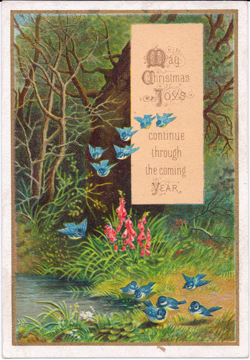 Ormanlık bir ortamda mavi kuşlardan oluşan Viktorya dönemine ait bir Noel kartı, 1880 dolayları (renkli taş) by English School