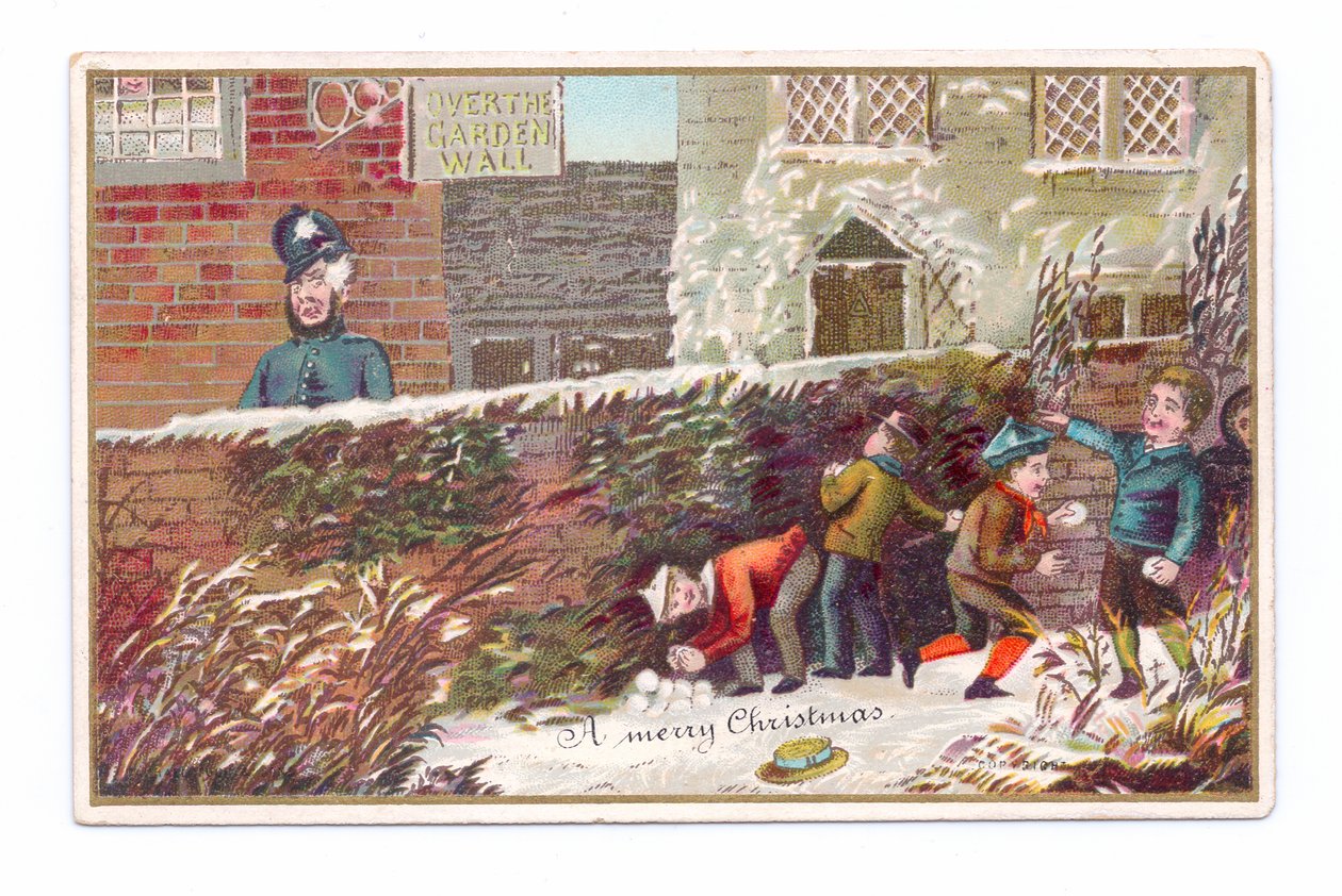 Bir tuğla duvarın arkasına saklanan ve bir polis memuruna kartopu atan çocukların bir Viktorya dönemi Noel kartı, 1880 dolayları (renkli taş) by English School
