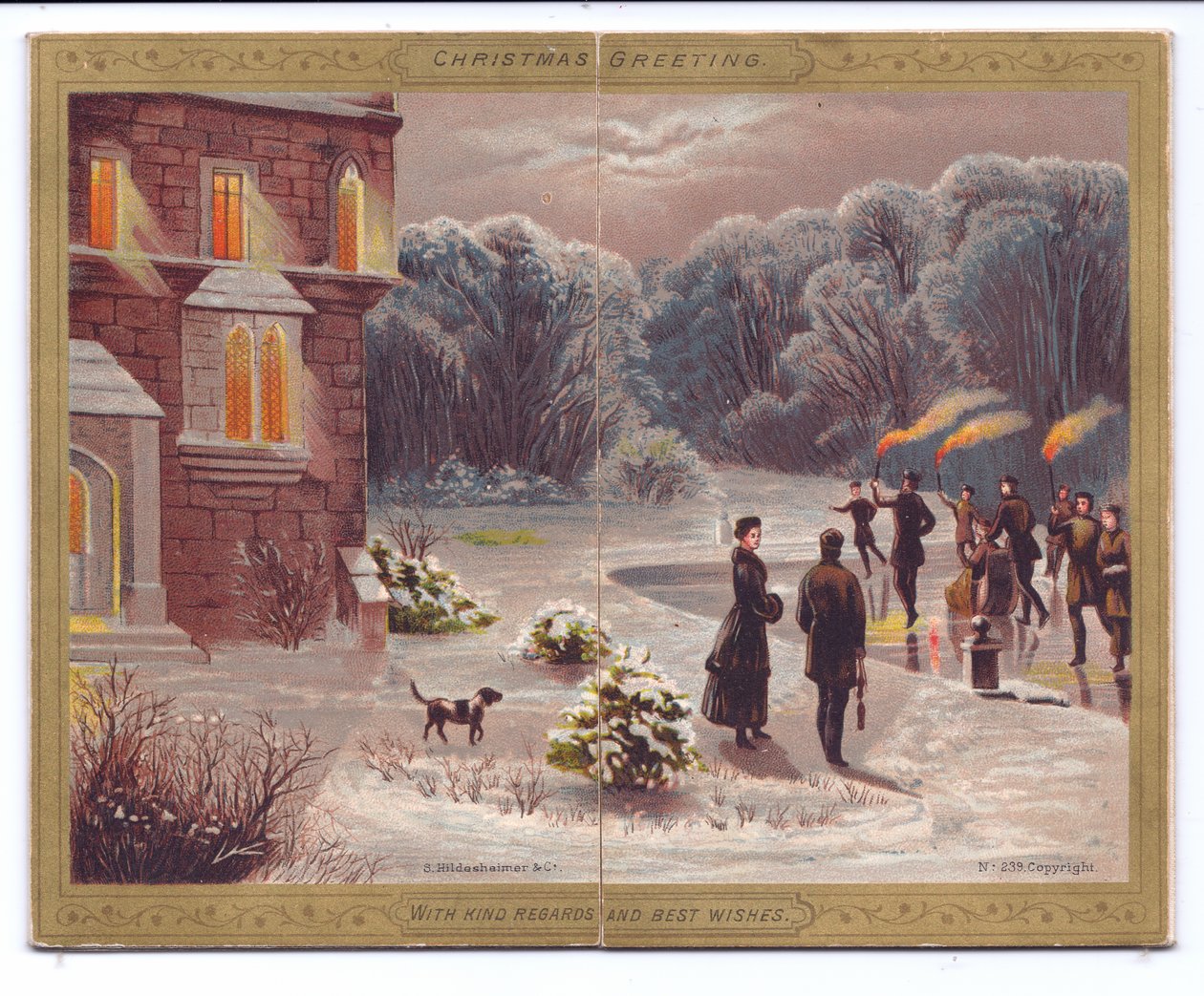 İzleyiciler ve bir köpekle bir konağın önündeki donmuş bir gölde paten yapan meşalelerle patencilerin Viktorya dönemine ait bir Noel kartı, c.1880 by English School