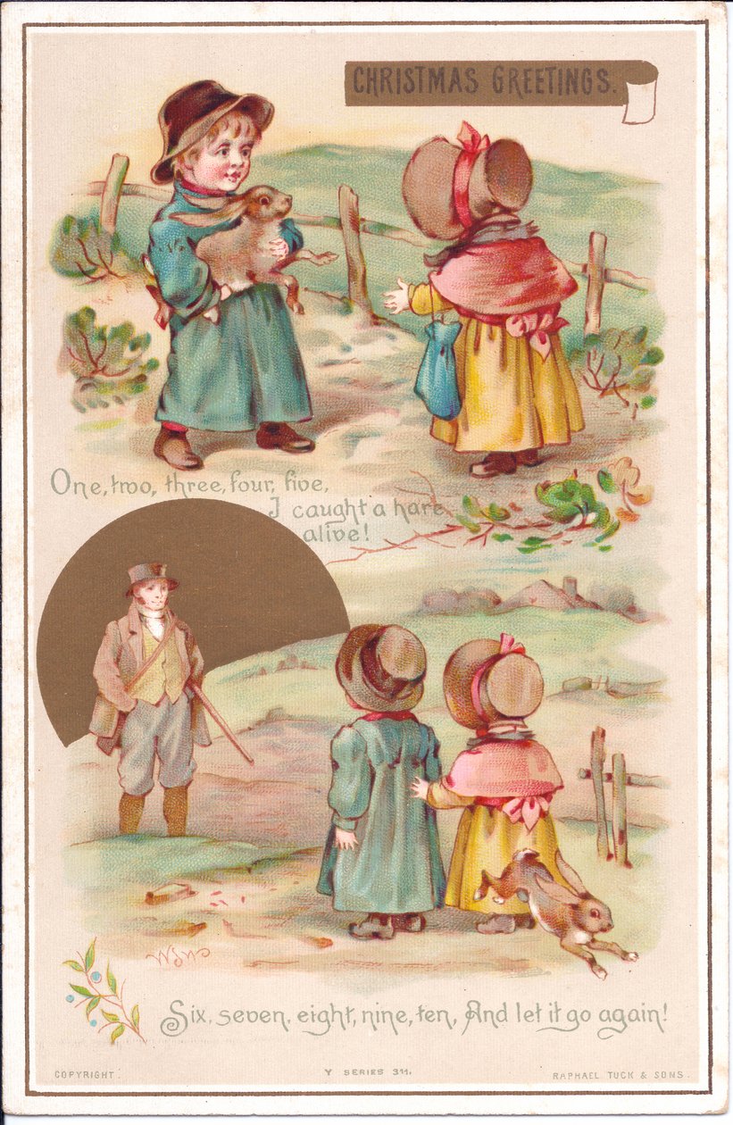 Tavşanlı iki çocuktan oluşan Viktorya dönemine ait bir Noel kartı, 1880 dolayları (renkli taş) by English School
