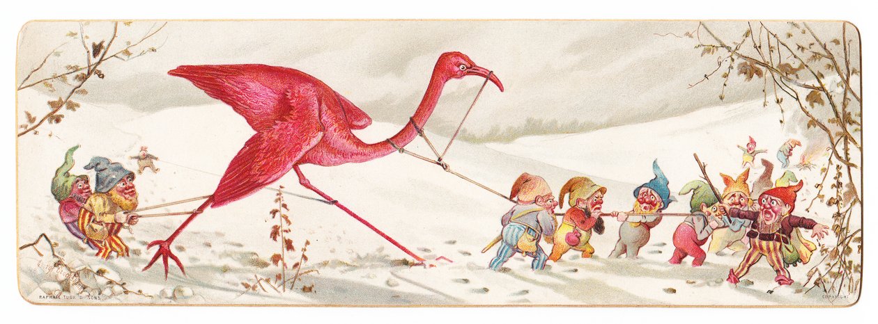 Elflerin kötü niyetli bir partisini karda yakalanmış bir flamingoyu götürdüğünü gösteren bir Viktorya dönemi Noel kartı c.1880 by English School
