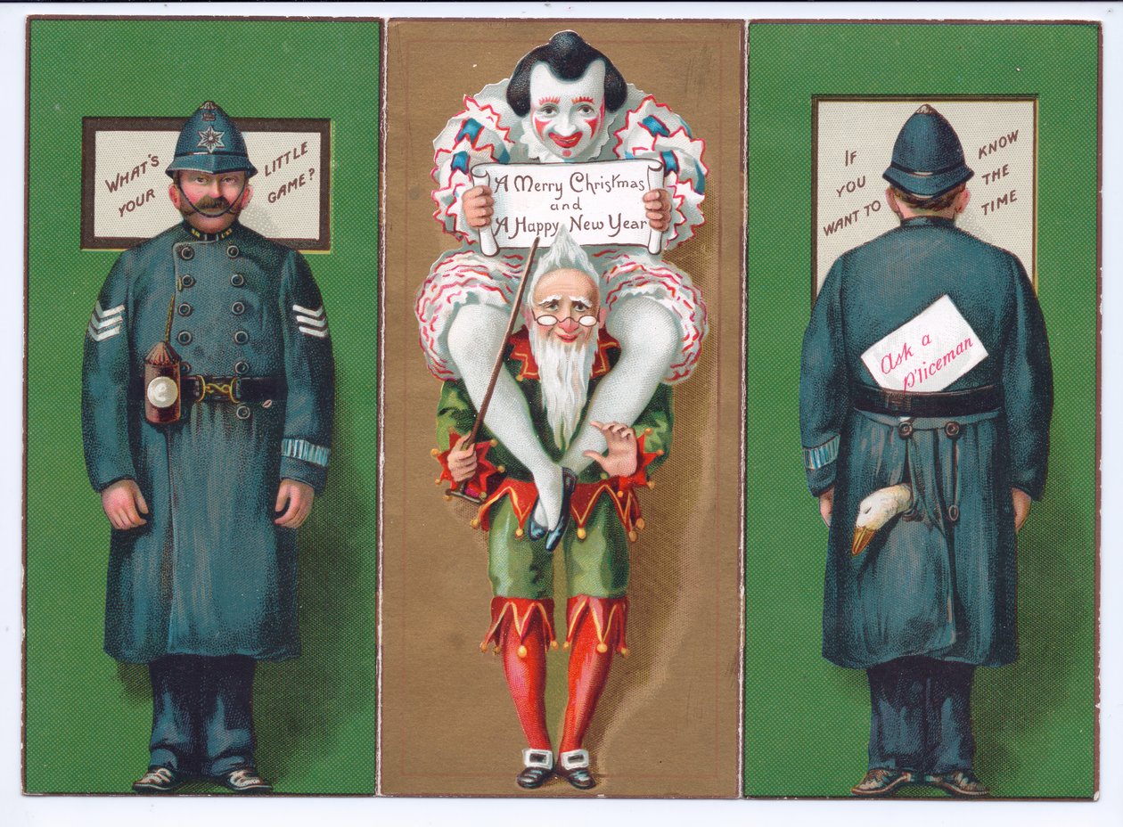 Soytarı, palyaço ve polisin olduğu Viktorya dönemine ait bir Noel kartı, 1880 dolayları by English School