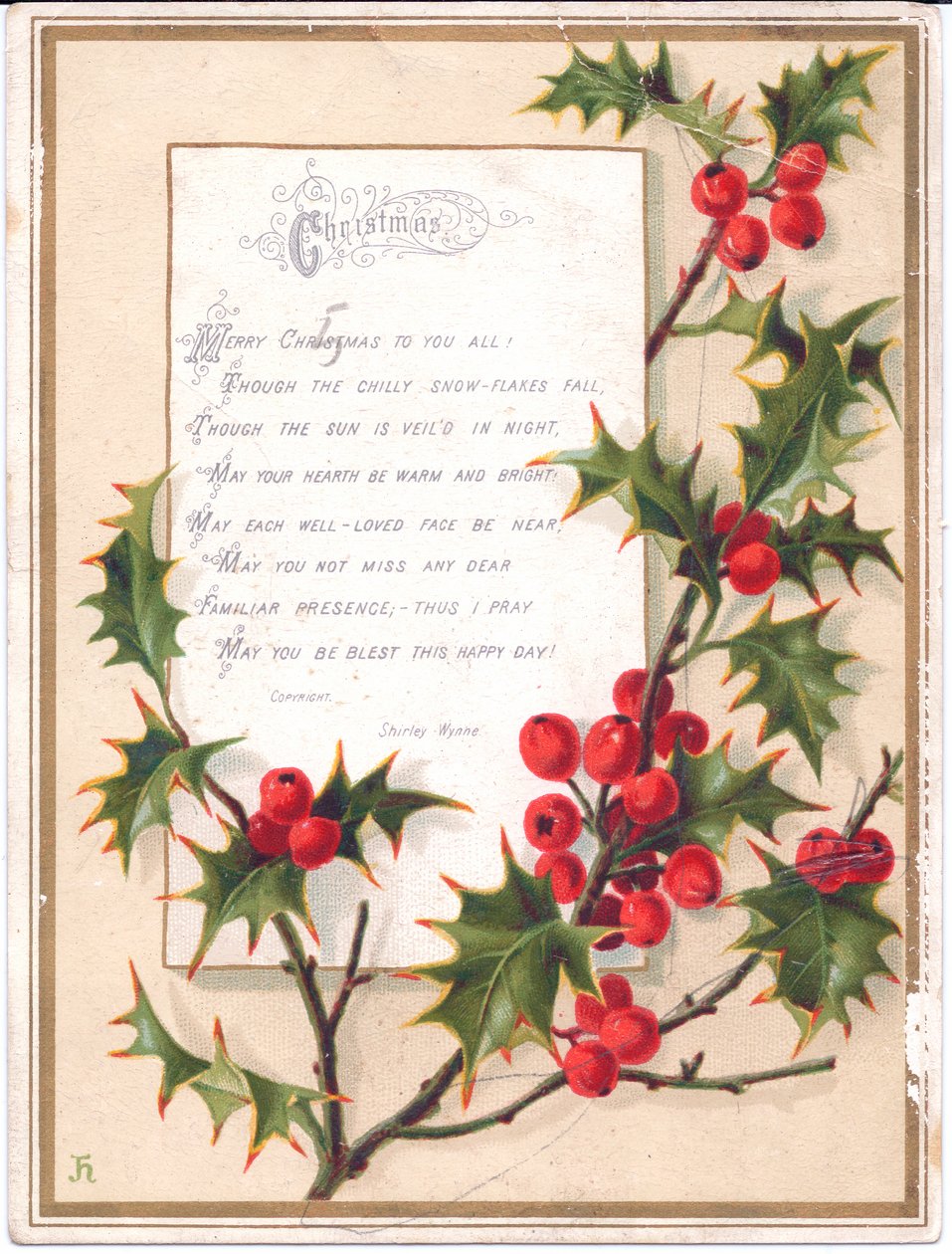 Büyük bir holly spreyi ve bir ayet içeren Viktorya dönemine ait bir Noel kartı, 1880 dolayları by English School
