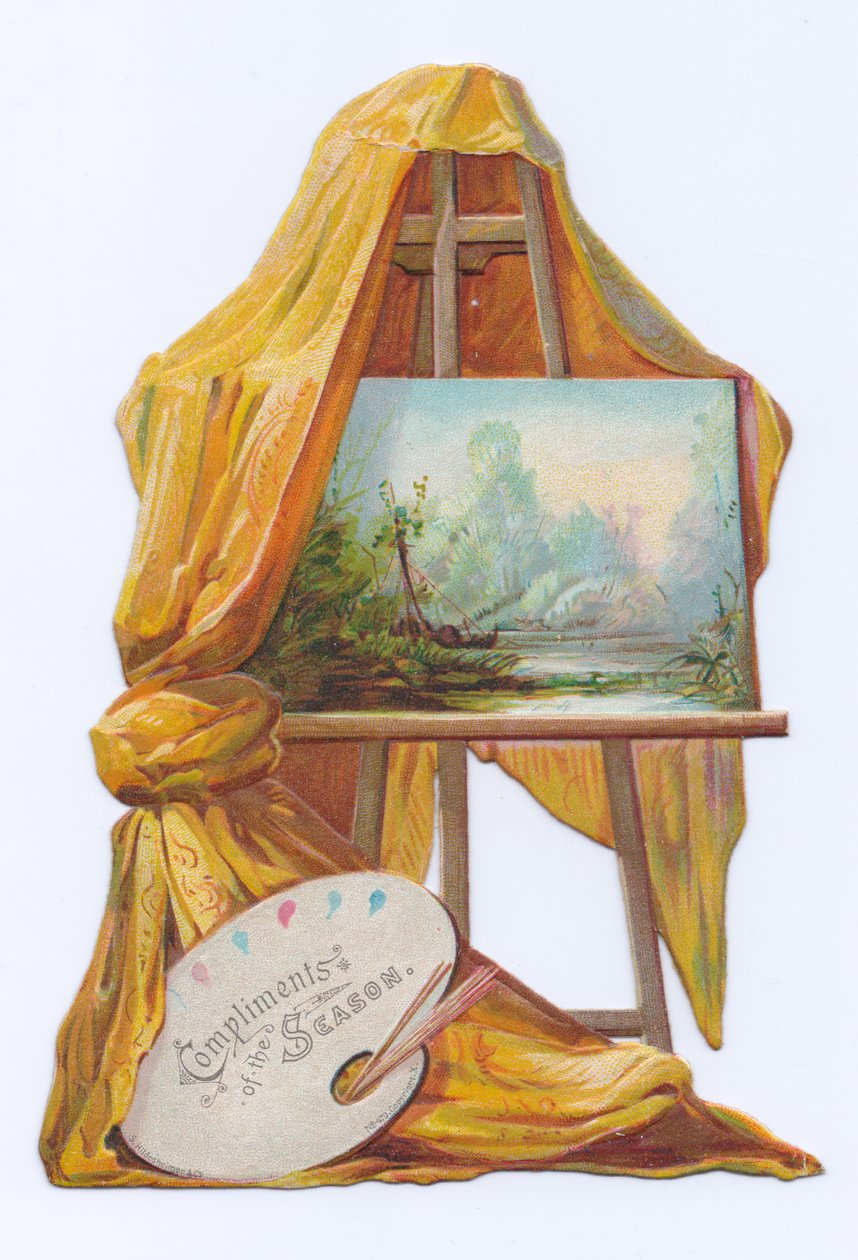 Üzerinde bir örtü bulunan şövale üzerinde bir tablonun Viktorya dönemi kalıp kesim şekil kartı, c.1880 (renkli taş baskı) by English School