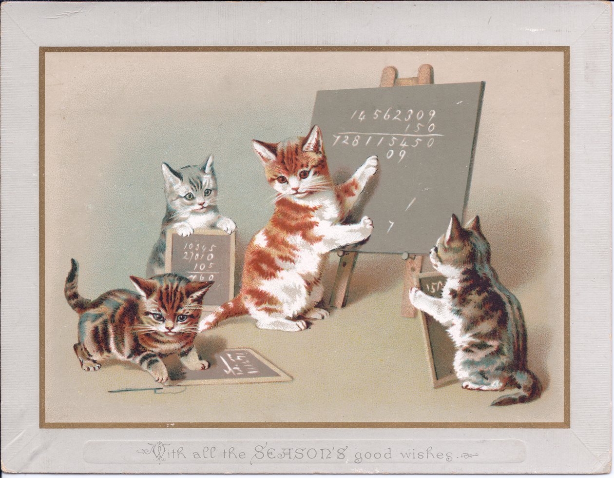 Bir kedi yavrusunun şövale üzerinde bir karatahtaya yazarken diğer ikisinin pençelerinde küçük tahtalar tuttuğu Viktorya dönemine ait bir tebrik kartı, 1880 dolayları (renkli taş) by English School