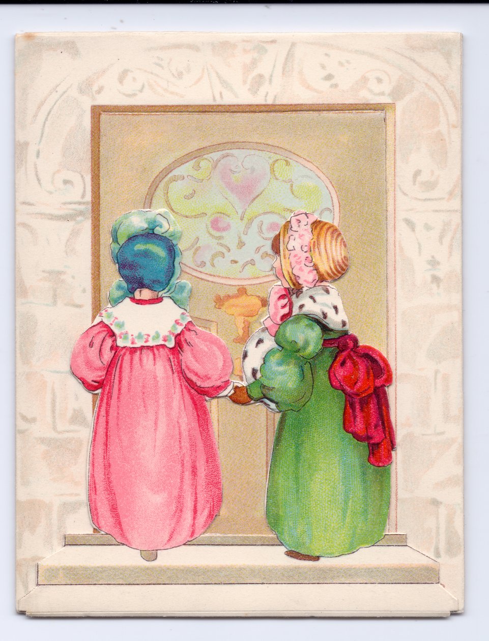 Ön kapıya girmek üzere olan bone takmış iki çocuğun Viktorya dönemine ait bir tebrik kartı, 1880 dolayları (renkli litho) by English School