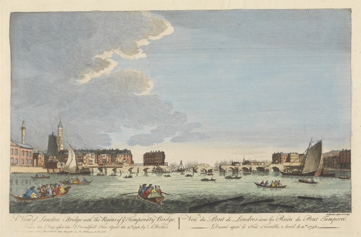11 Nisan 1758 Yangınından Sonra Geçici Köprü Harabeleri ile Londra Köprüsü