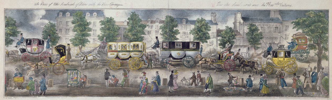 Yeni arabalarla Paris Bulvarlarından bir görünüm, 1828 (renkli gravür) by English School