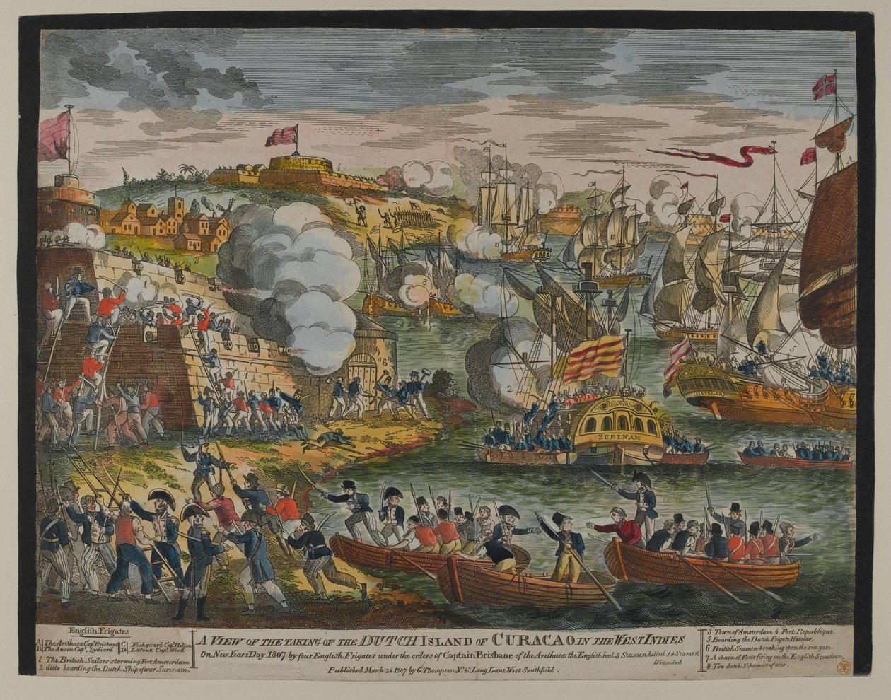 Batı Hint Adaları'ndaki Hollanda Curacoa Adası'nın Alınmasına Bir Bakış, 1 Ocak 1807, G.Thompson tarafından 1807'de yayınlandı (renkli gravür) by English School