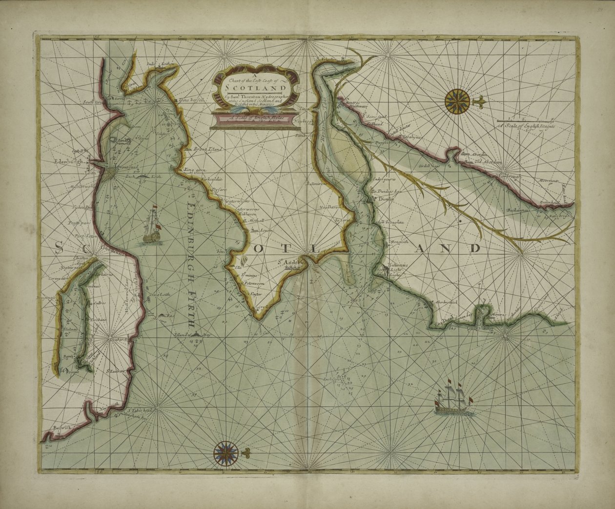 Dünyanın bilinen bölgelerindeki deniz kıyılarının çoğunun hidrografik bir tanımını içeren bir deniz atlasından İskoçya'nın doğu kıyısının bir haritası, Samuel Thornton, 1707 (elle renkli baskı) by English School