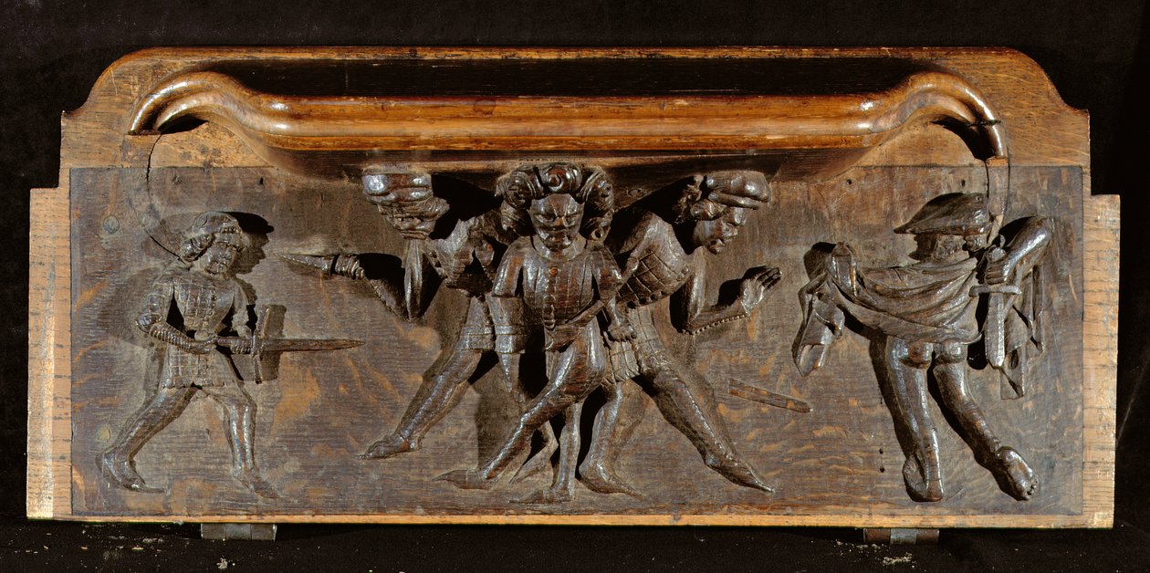 Hançerler ve kılıçlarla savaşan üç adamı betimleyen hasarlı bir misericord, New College Chapel, Oxford, 14. yüzyılın sonları (ahşap) by English School