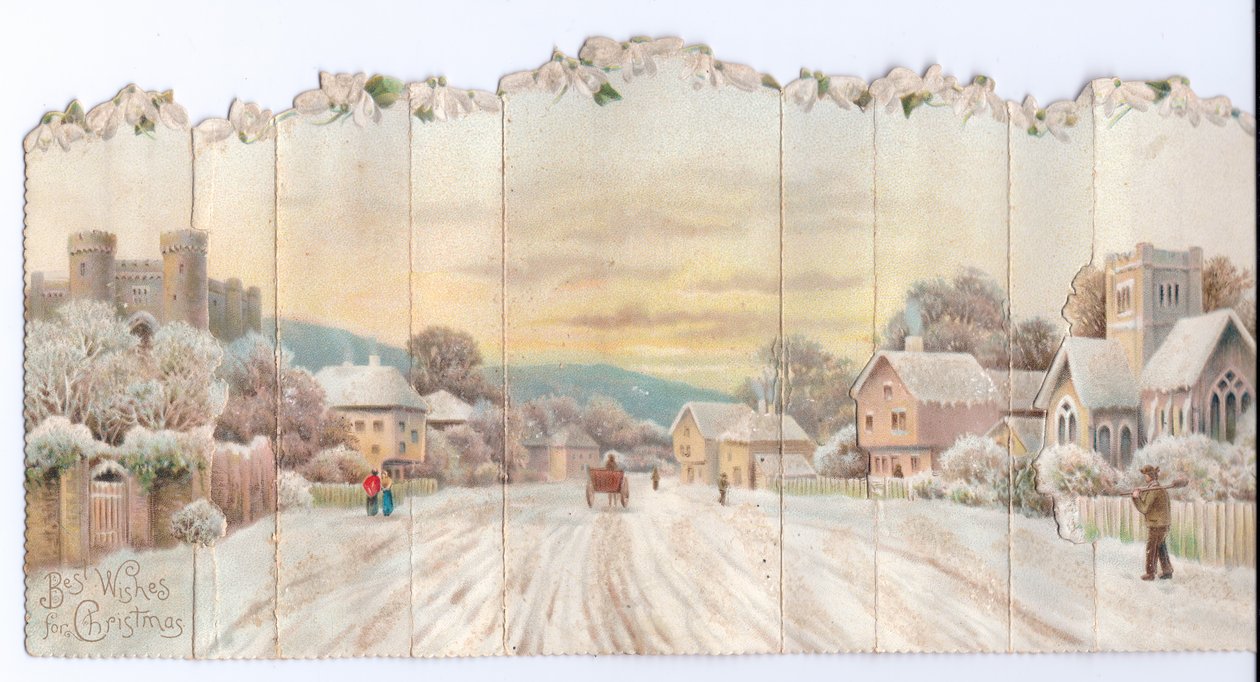 Bir kale ve kilisenin katlanır bir akordeon Victoria Noel kartı ve karda bir kürek taşıyan bir adam, c.1880 by English School