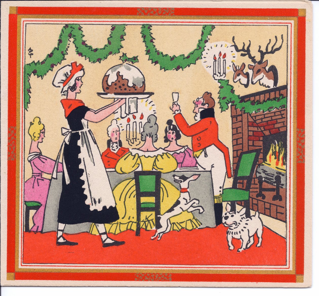 1920 dolaylarında Noel pudingi servis eden bir hizmetçinin elle boyanmış Fransız Pochoir Noel kartı by English School