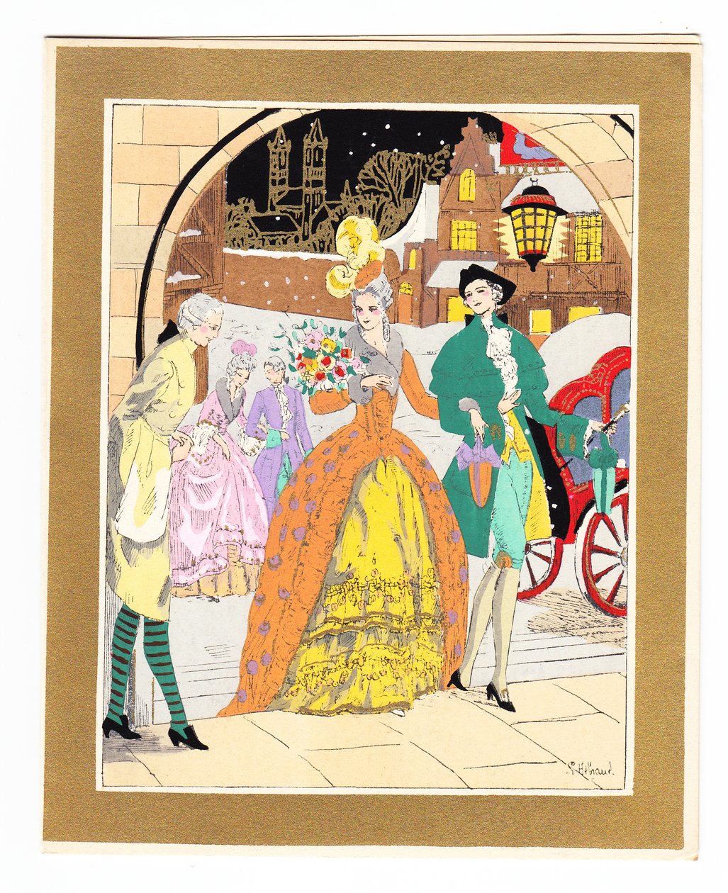 1920 dolaylarında Regency elbiseli bir çift ziyaretçiyi selamlayan bir uşak tasvir eden elle boyanmış bir Fransız Pochoir Noel Kartı by English School