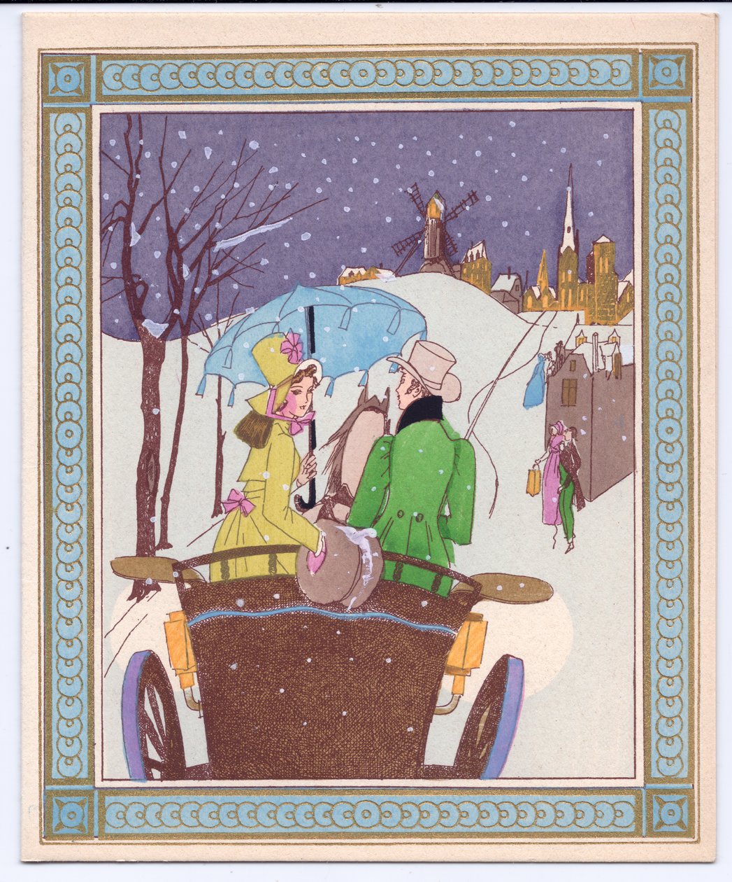 1920 dolaylarında karda süren açık bir arabada bir Rencecy çiftinin elle boyanmış bir Fransız Pochoir Noel Kartı by English School