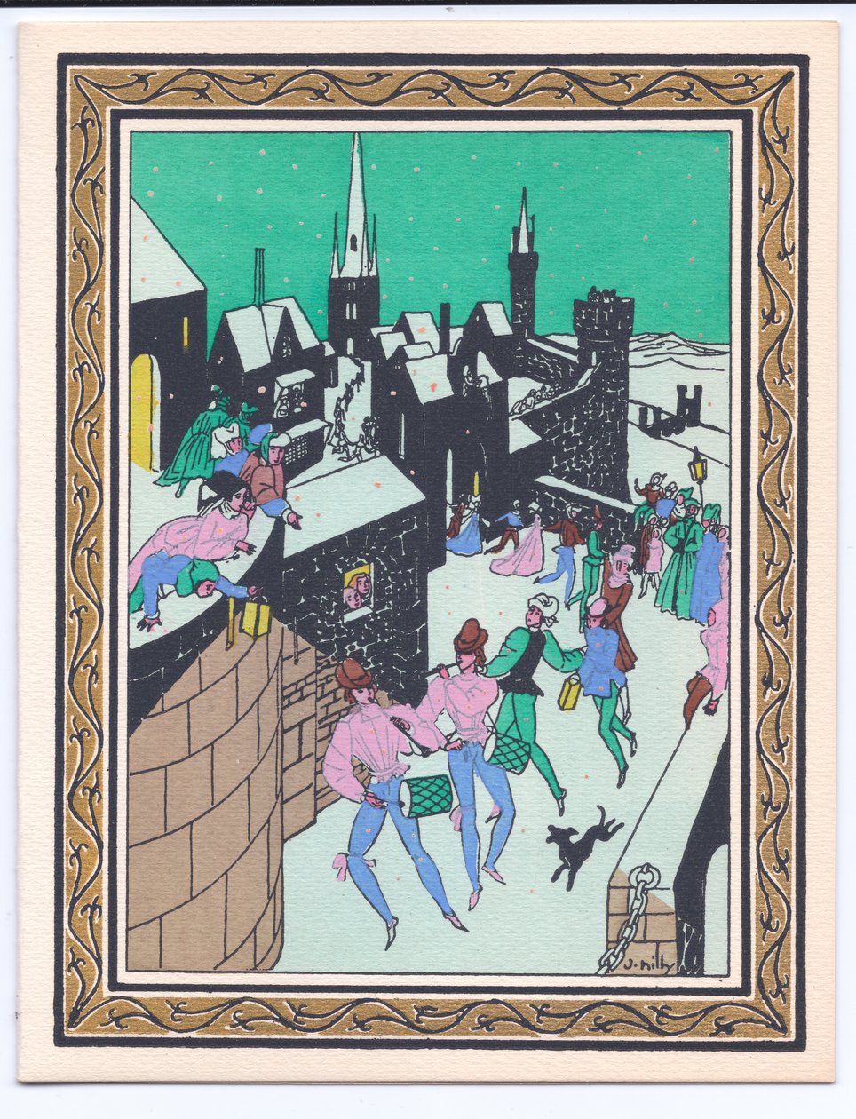 1920 dolaylarında, bir kalenin surlarında performans sergileyen müzisyenlerin geçit törenini gösteren, elle boyanmış bir Fransız Pochoir Noel Kartı by English School