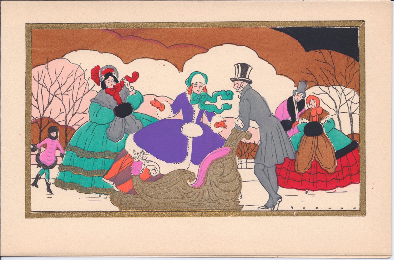 1920 dolaylarında, bir kızak ile Victoria buz patencilerinin elle boyanmış bir Fransız Pochoir Noel kartı by English School