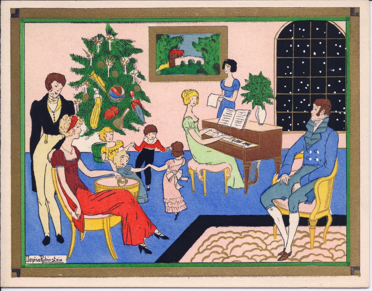 1920 dolaylarında, bir Regency ailelerinin Noel partisi, dans ve müzikli eğlence ile elle boyanmış bir Fransız Pochoir Noel kartı by English School