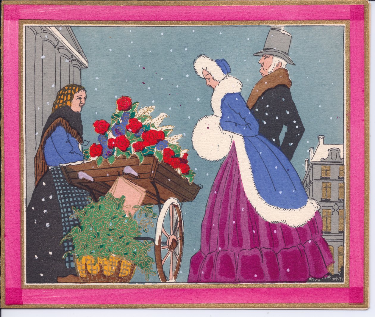 1920 dolaylarında, bir Victoria çiçek satıcısının el boyaması bir Fransız Pochoir Noel kartı, yoldan geçenlere gül demetini gösteriyor. by English School