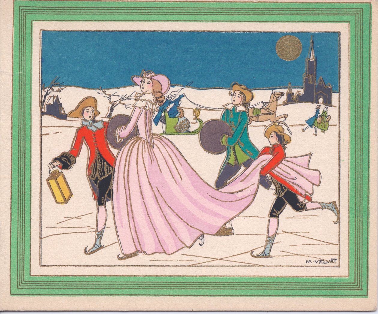 1920 dolaylarında, ellerinde fener tutan görevlilerle buz pateni yapan pembe elbiseli bir bayanın elle boyanmış Fransız Pochoir Noel kartı. by English School