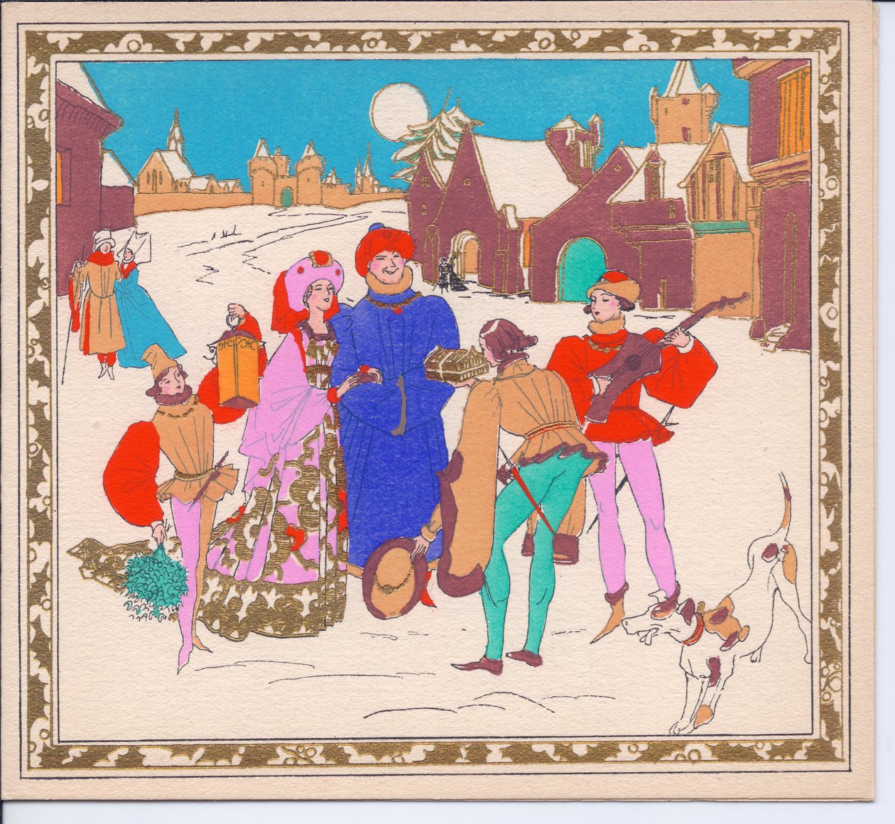 Bir lordu ve leydiyi eğlendiren bir çift Elizabeth dönemi sokak ozanını gösteren, el boyaması bir Fransız Pochoir Noel kartı, sayfalarında bir fener varken, 1920 dolaylarında by English School