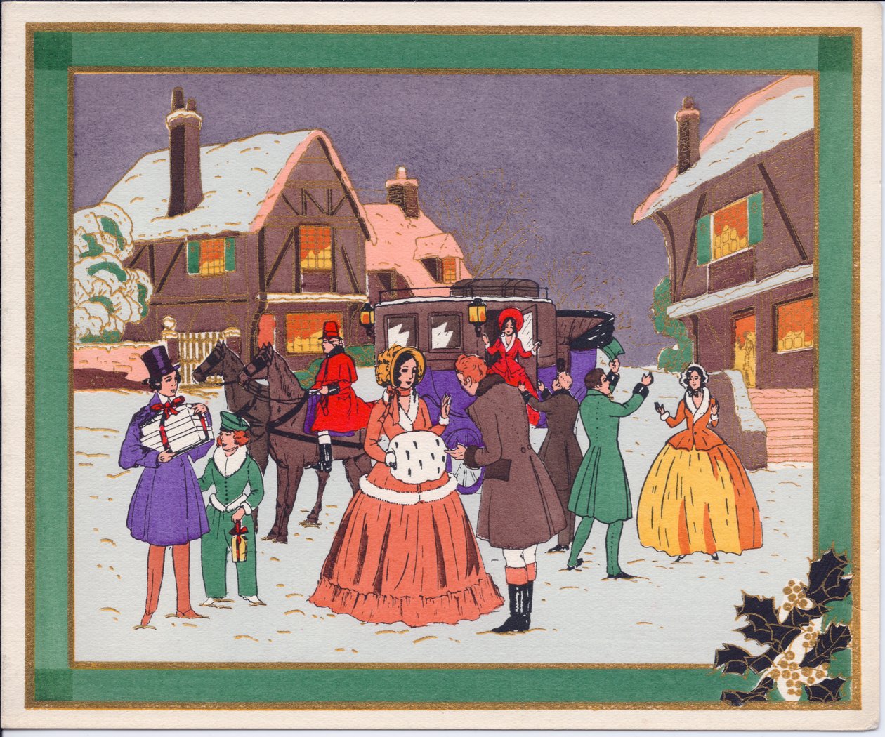 1920 dolaylarında, bir araba ve atlarla bir köy sahnesinin elle boyanmış bir Fransız Pochoir Noel kartı by English School