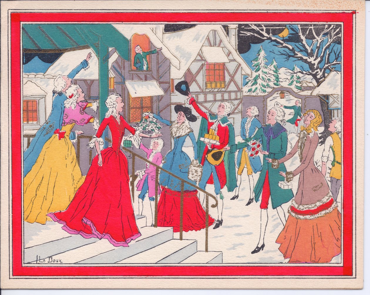 1920 dolaylarında Tudor zamanlarında bir kış sahnesinin elle boyanmış Fransız Pochoir Noel kartı by English School