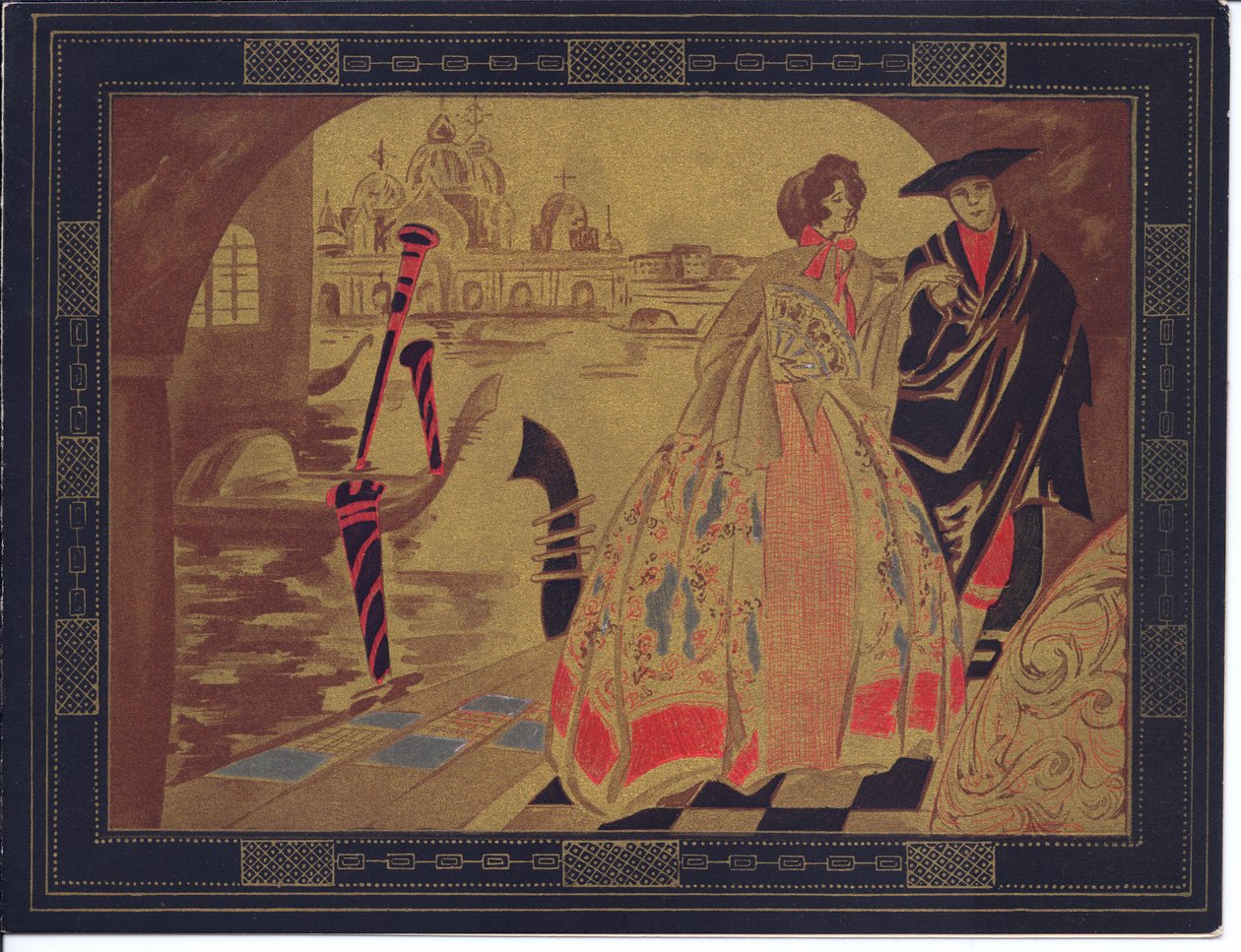 1920 dolaylarında bir Venedik sahnesinin elle boyanmış Fransız Pochoir tebrik kartı by English School