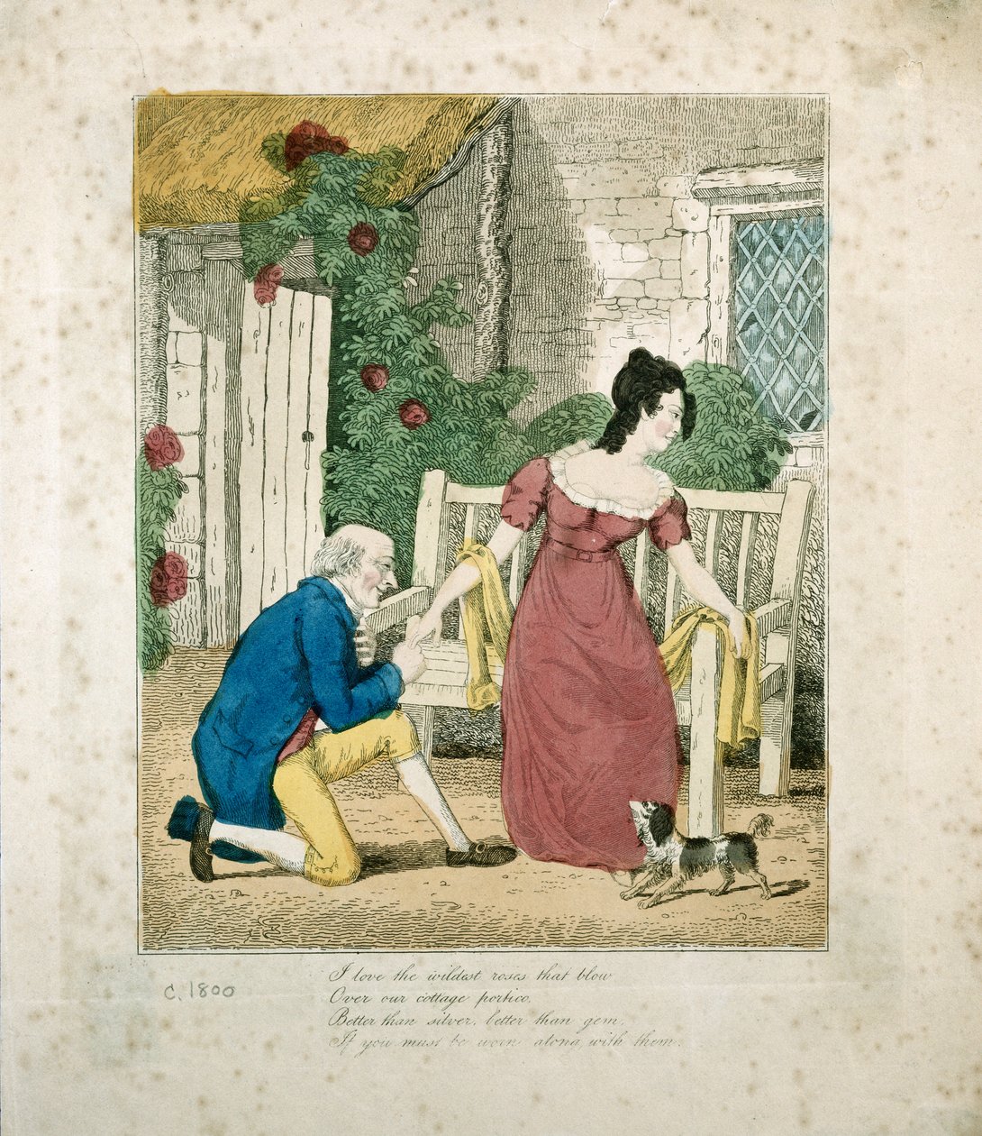 1800 dolaylarında evlenme teklif eden bir adamın elle boyanmış taş baskılı sahnesi by English School