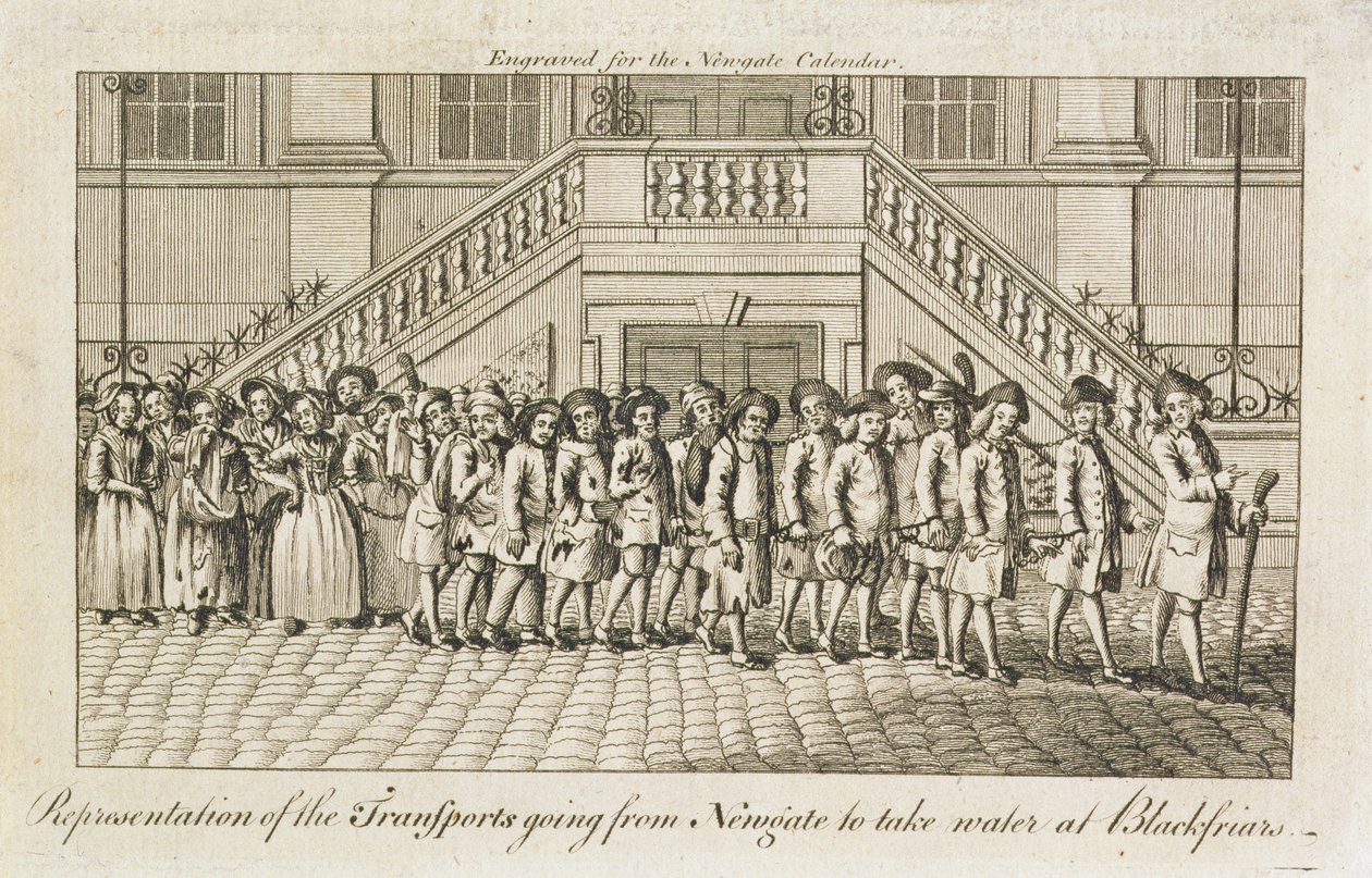 Newgate Hapishanesi, Old Bailey'den bir dizi zincirleme mahkum, ulaşım için Blackfriars'a götürülüyor, c.1760 by English School