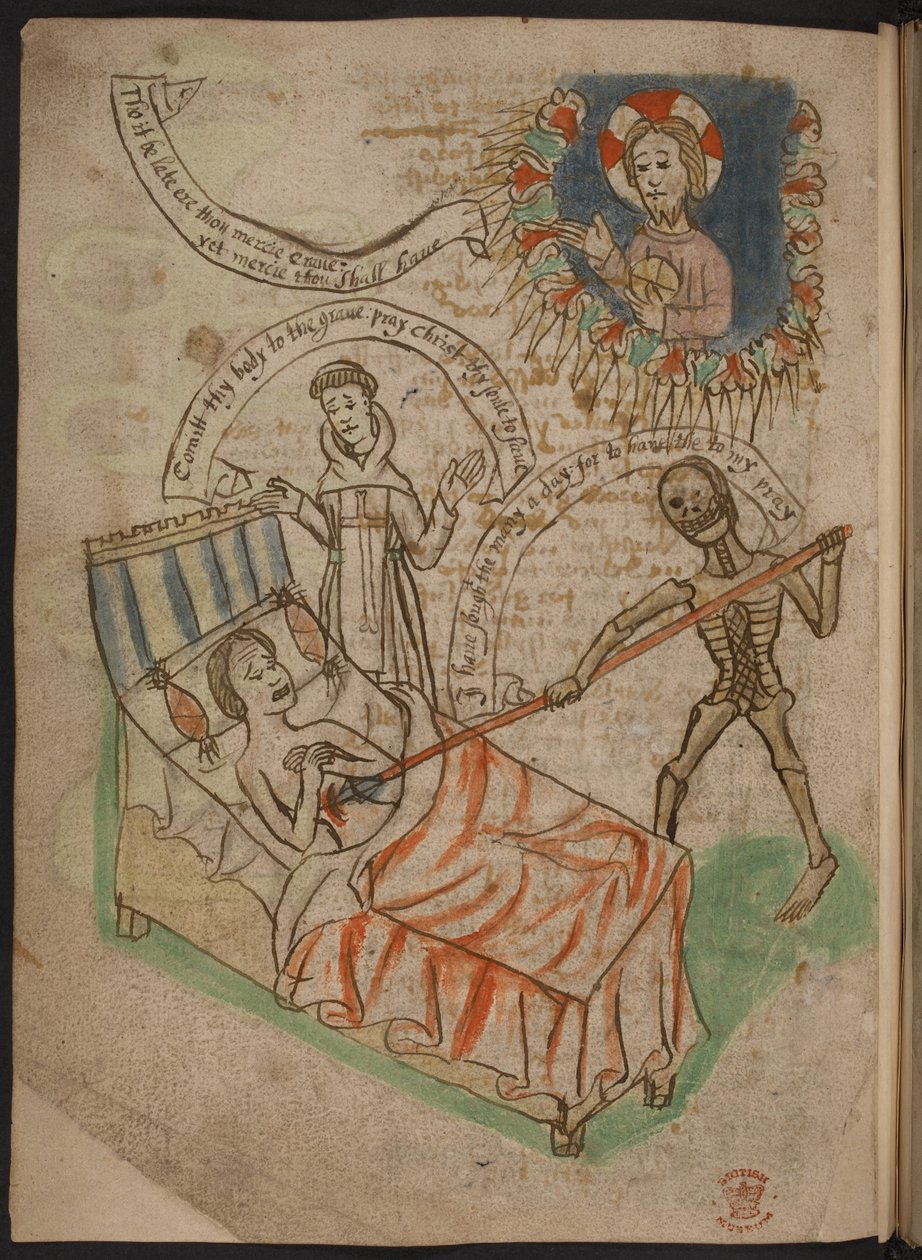 Ölüm döşeğindeki bir adam, Mandeville#39;in seyahatlerinin bir özeti veya özeti de dahil olmak üzere, Kuzey İngilizcesindeki Carthusian şiirleri, kronikleri ve incelemelerinden oluşan bir derlemeden, Add MS 37049 f.38v by English School