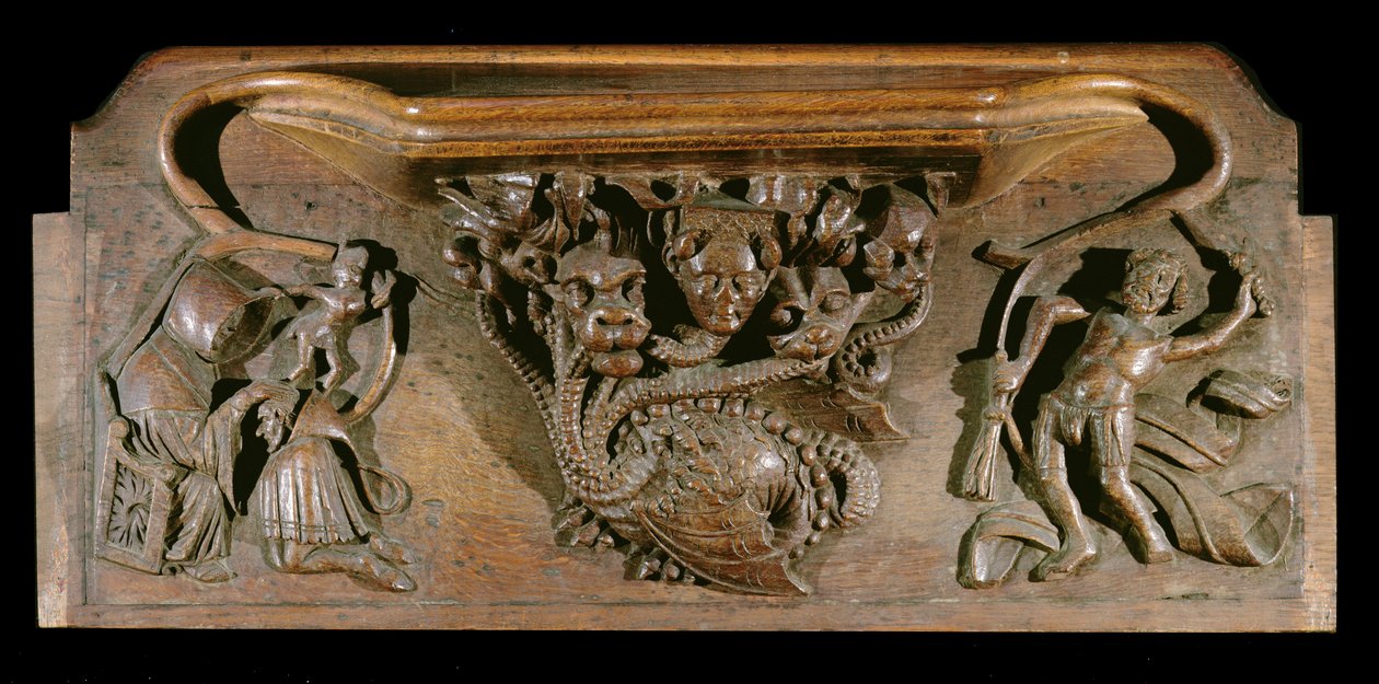 Özenle oyulmuş bir hidrayı betimleyen, yedi ölümcül günahın simgesi olan, gerçekçi bir insan kafası içeren bir sefillik, New College Chapel, Oxford, 14. yüzyılın sonları (ahşap) by English School