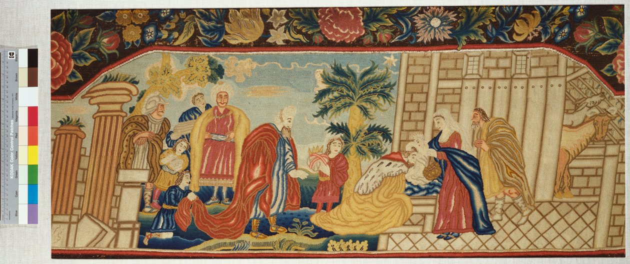 Büyücülerin Hayranlığını betimleyen bir çadır dikişinde incelikle işlenmiş iğne işi bir kanepe koltuğu, c.1730 by English School