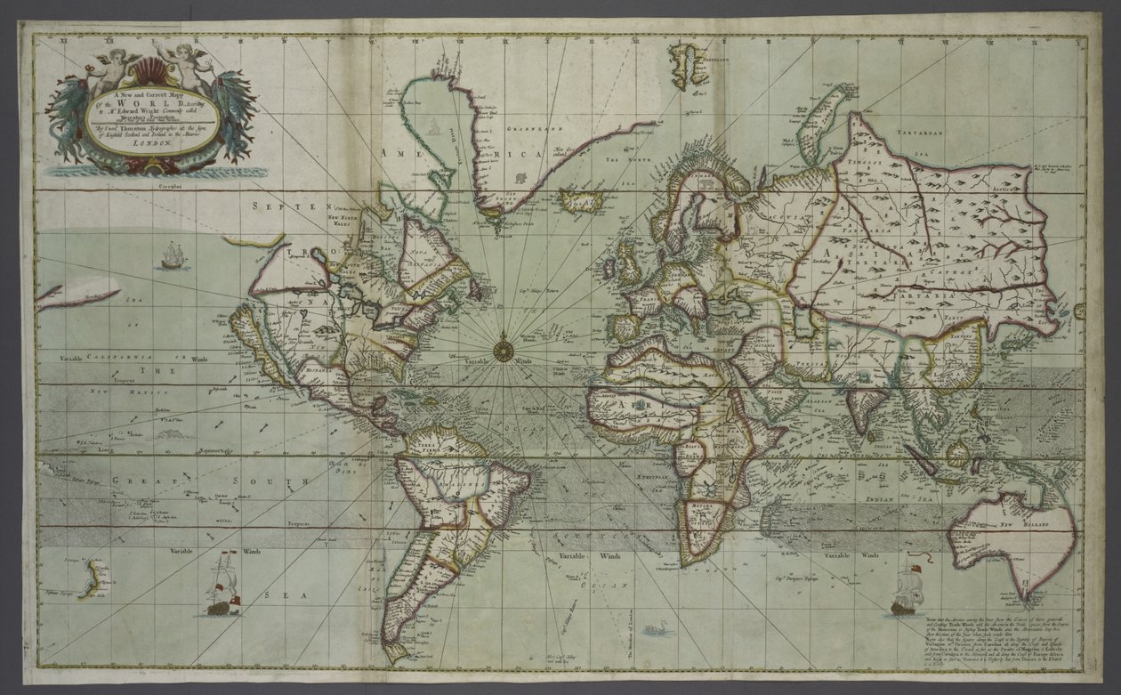 Deniz atlasından yeni ve doğru bir dünya haritası, 1707 (el renkli baskı) by English School