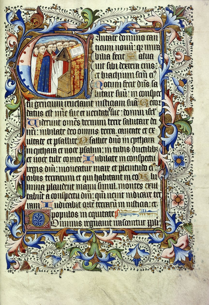 Latince bir mezmurdan bir sayfa, bir kürsü ilahisi önünde duran bir grup keşişi betimleyen tarihi bir başlangıç, c.1455 by English School