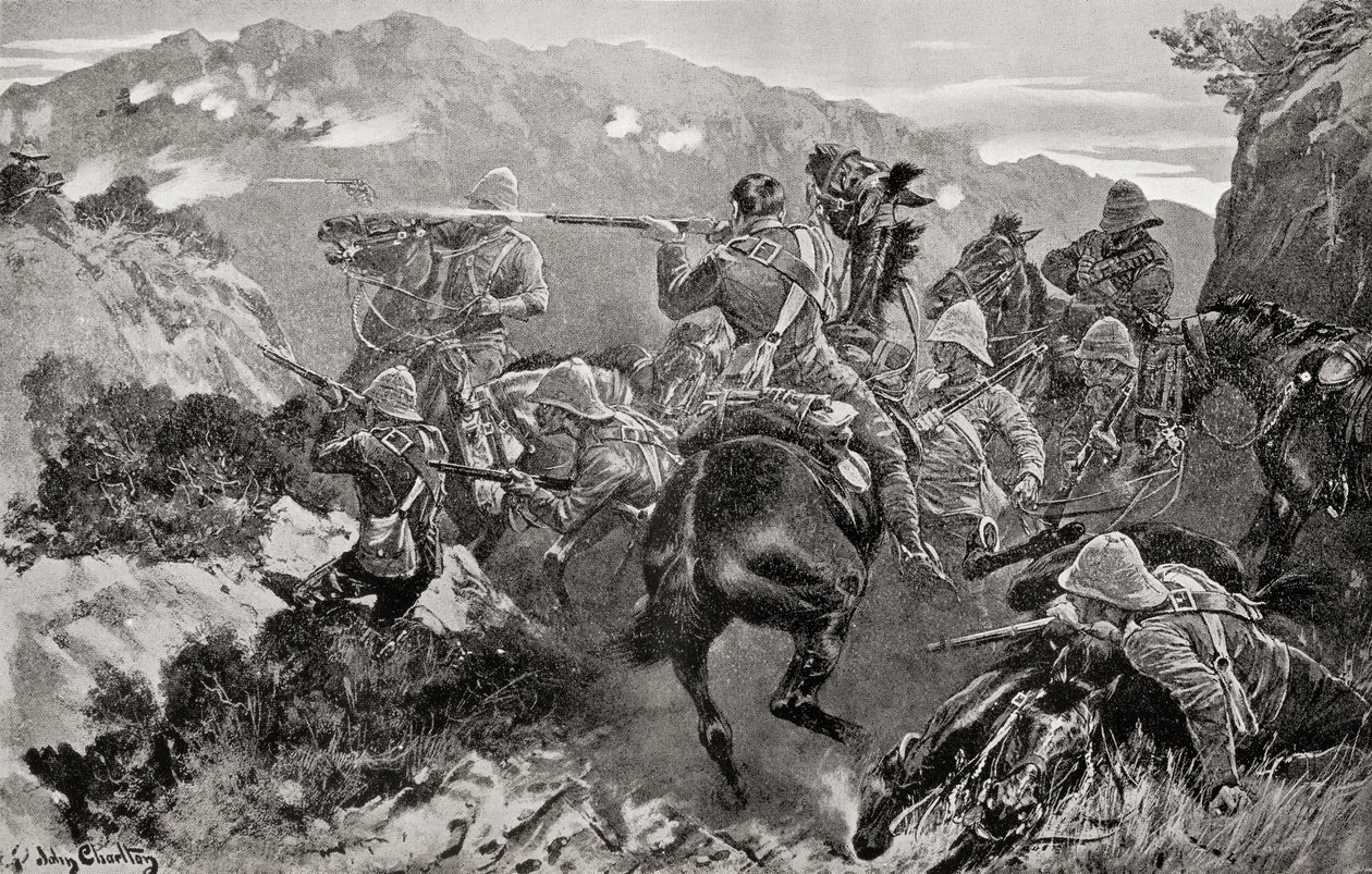 İkinci Boer Savaşı sırasında Tugela Nehri, Hussar Tepesi, KwaZulu-Natal Eyaleti yakınında şaşırtılan 13. Hussar'lardan oluşan bir gözcü, 'Güney Afrika ve Transvaal Savaşı'ndan, Louis Creswicke, 1900'de yayınlandı (litho) by English School