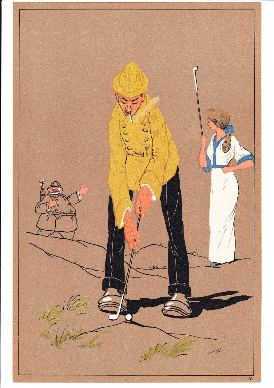 Komik ve esprili duruşlarda iki golfçünün baskısı, c.1920 by English School