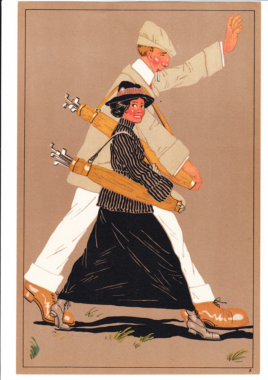 Komik ve esprili duruşlarda iki golfçünün baskısı, c.1920 by English School