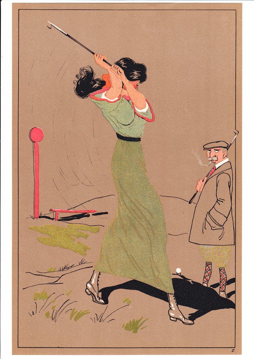 Komik ve esprili duruşlarda iki golfçünün baskısı, c.1920 by English School