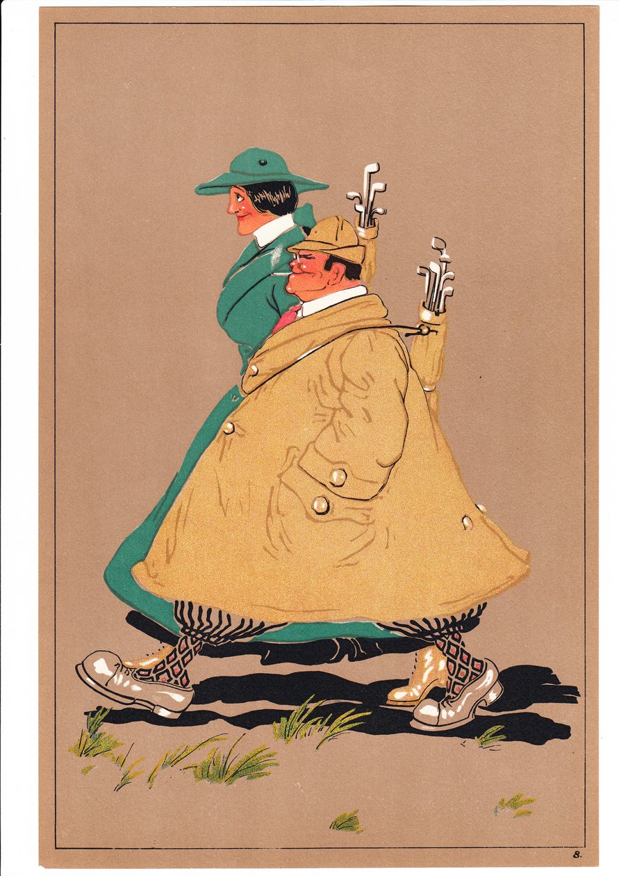 Komik ve esprili duruşlarda iki golfçünün baskısı, c.1920 by English School