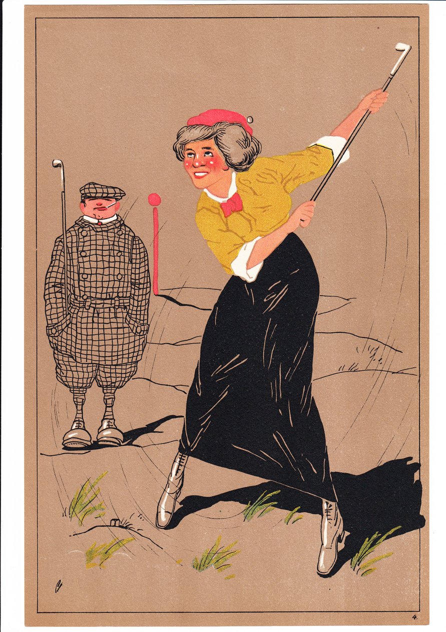 Komik ve esprili duruşlarda iki golfçünün baskısı, c.1920 by English School