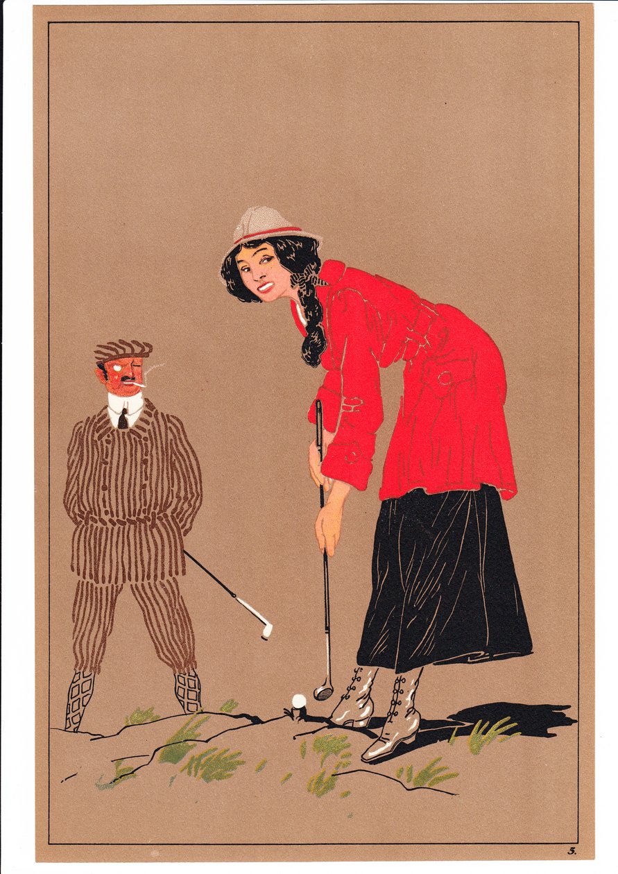 Komik ve esprili duruşlarda iki golfçünün baskısı, c.1920 by English School