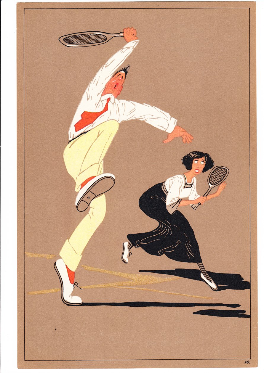 Komik ve esprili duruşlarda iki tenisçinin baskısı, c.1920 by English School