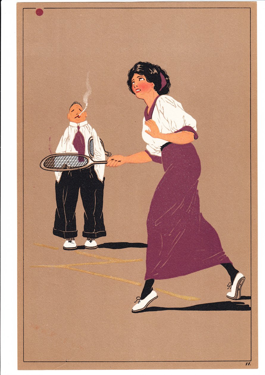 Komik ve esprili duruşlarda iki tenisçinin baskısı, c.1920 by English School