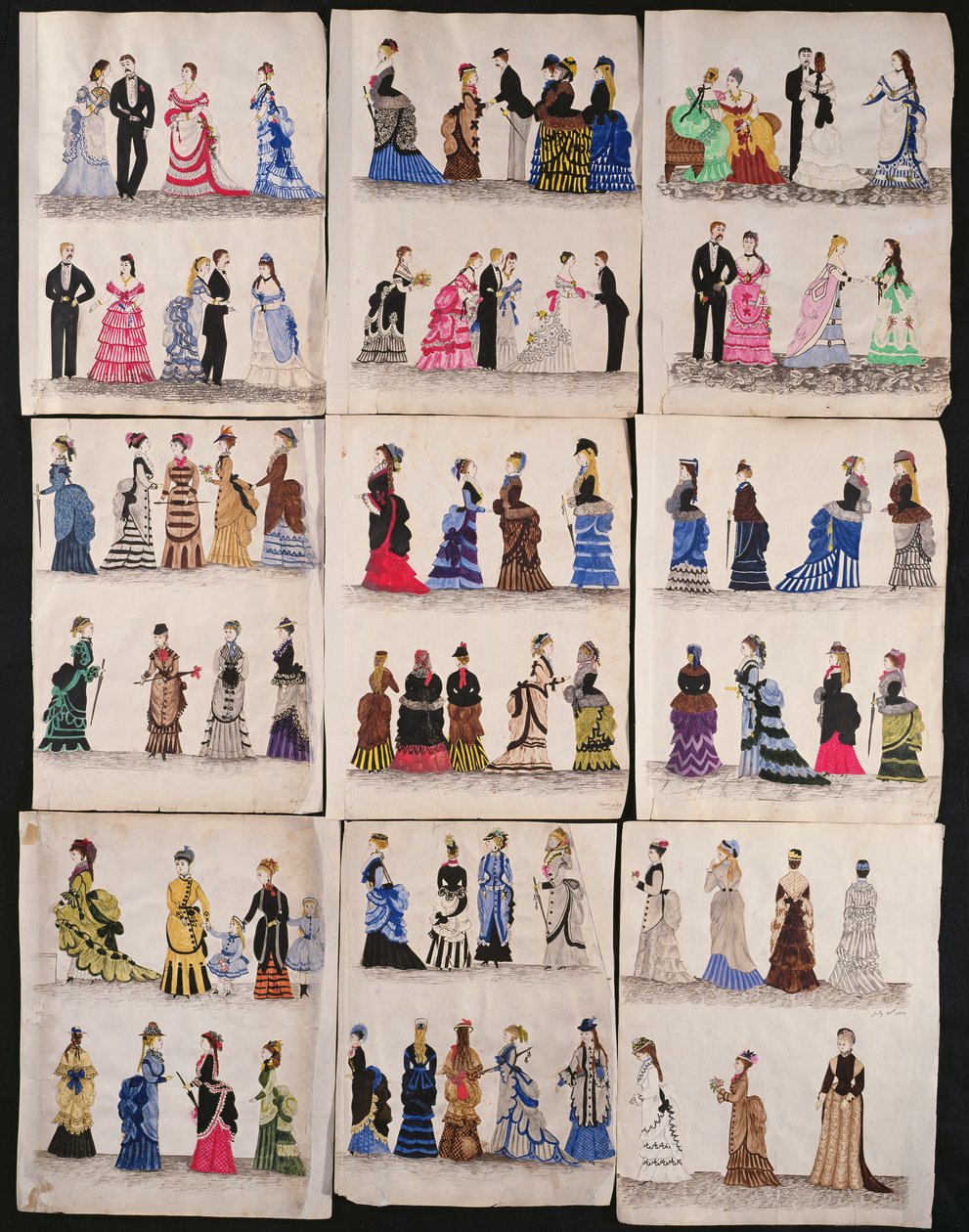 Balo salonu ve yürüyüş elbiseleri de dahil olmak üzere Viktorya dönemi modalarından bir seçki, c.1876 (kağıt üzerinde wc) by English School