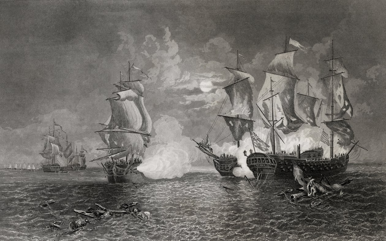 Bonhomme Richard ve Serapis arasındaki aksiyon, 23 Eylül 1779 (gravür) by English School